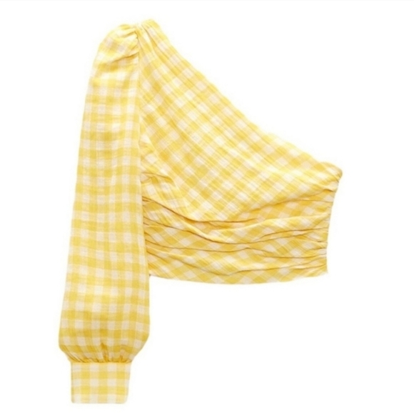 NWOT Zara Asymmetric Venus Yellow Gingham One Shoulder Crop Top M - Picture 12 of 12